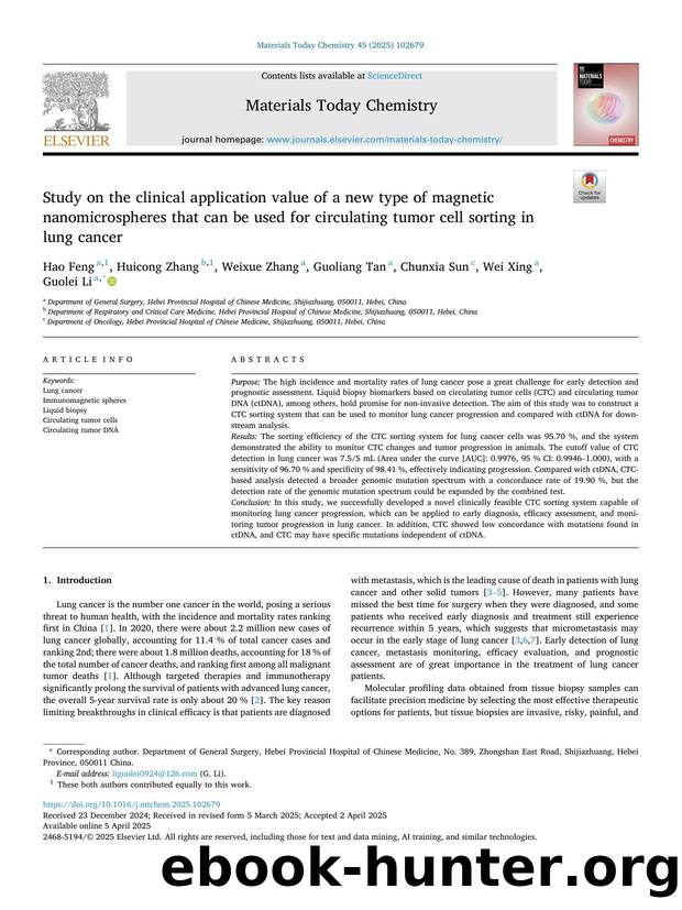 Study on the clinical application value of a new type of magnetic nanomicrospheres that can be used for circulating tumor cell sorting in lung cancer by Hao Feng & Huicong Zhang & Weixue Zhang & Guoliang Tan & Chunxia Sun & Wei Xing & Guolei Li