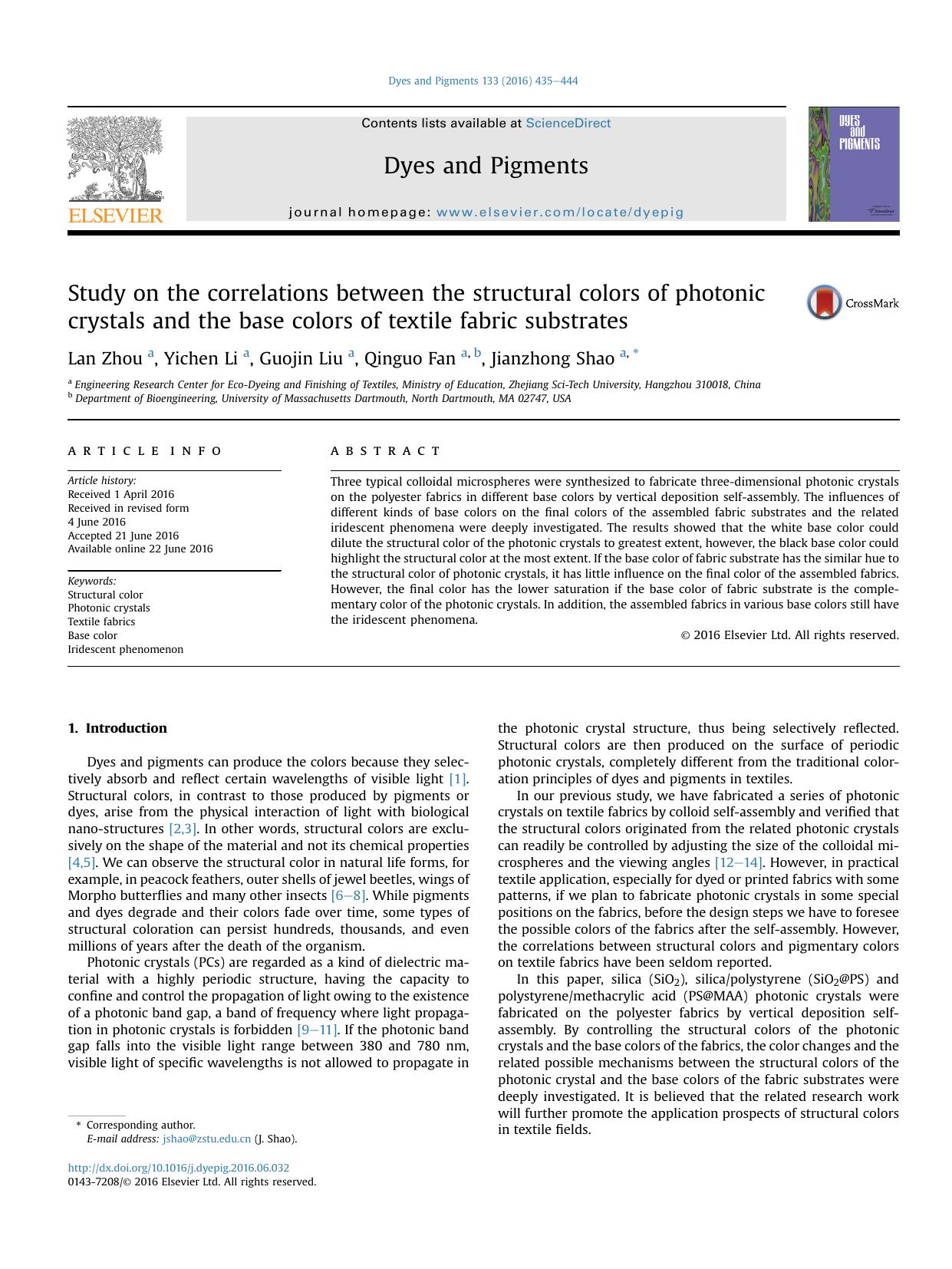 Study on the correlations between the structural colors of photonic crystals and the base colors of textile fabric substrates by Lan Zhou & Yichen Li & Guojin Liu & Qinguo Fan & Jianzhong Shao