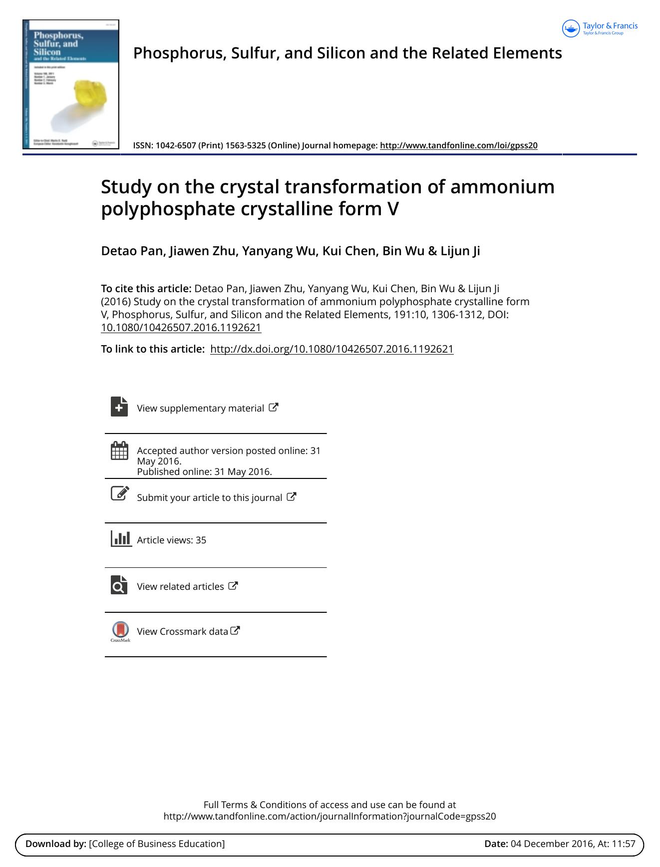 Study on the crystal transformation of ammonium polyphosphate crystalline form V by Detao Pan & Jiawen Zhu & Yanyang Wu & Kui Chen & Bin Wu & Lijun Ji