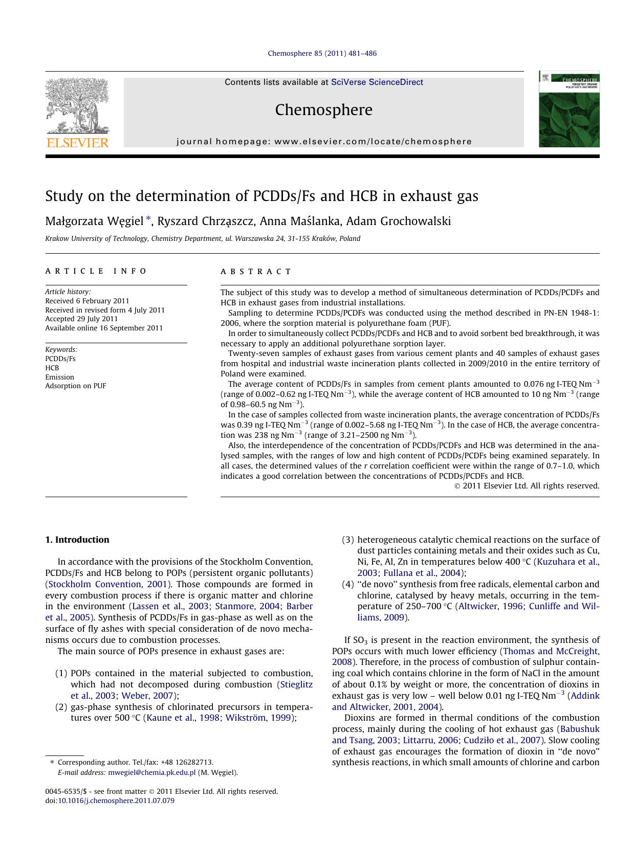 Study on the determination of PCDDsFs and HCB in exhaust gas by MaÅ‚gorzata WÄ™giel & Ryszard Chrząszcz & Anna Maślanka & Adam Grochowalski