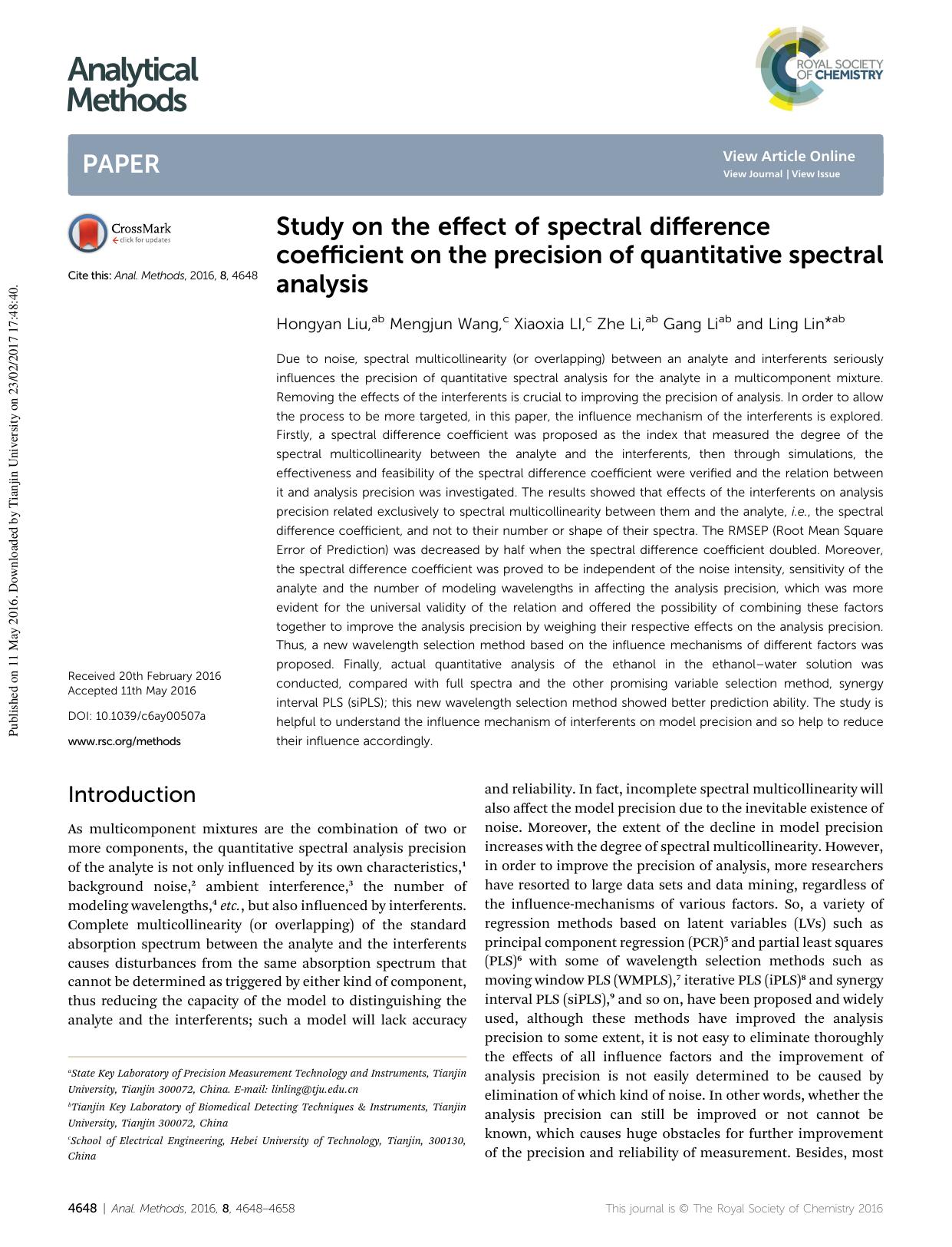 Study on the effect of spectral difference coefficient on the precision of quantitative spectral analysis by Hongyan Liu & Mengjun Wang & Xiaoxia LI & Zhe Li & Gang Li & Ling Lin
