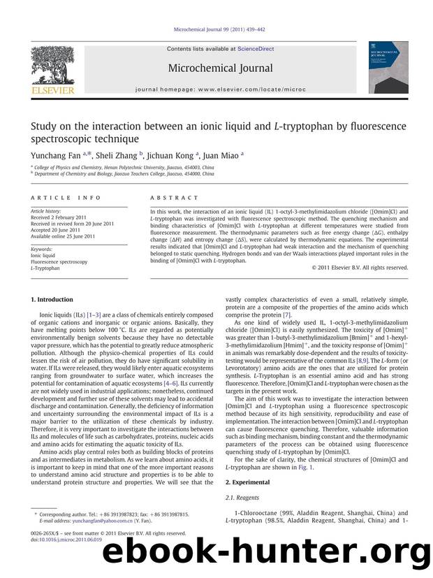 Study on the interaction between an ionic liquid and L-tryptophan by fluorescence spectroscopic technique by Yunchang Fan & Sheli Zhang & Jichuan Kong & Juan Miao