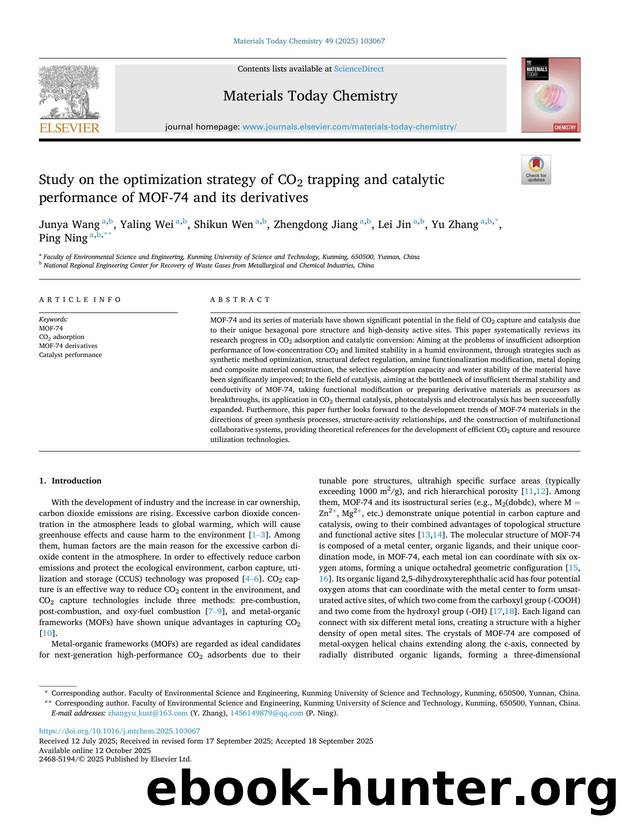 Study on the optimization strategy of CO2 trapping and catalytic performance of MOF-74 and its derivatives by Junya Wang & Yaling Wei & Shikun Wen & Zhengdong Jiang & Lei Jin & Yu Zhang & Ping Ning