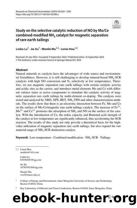 Study on the selective catalytic reduction of NO by MoCe combined-modified NH3 catalyst for magnetic separation of rare earth tailings by Linbo Lu & Jie Xu & Wenfei Wu & Limin Hou