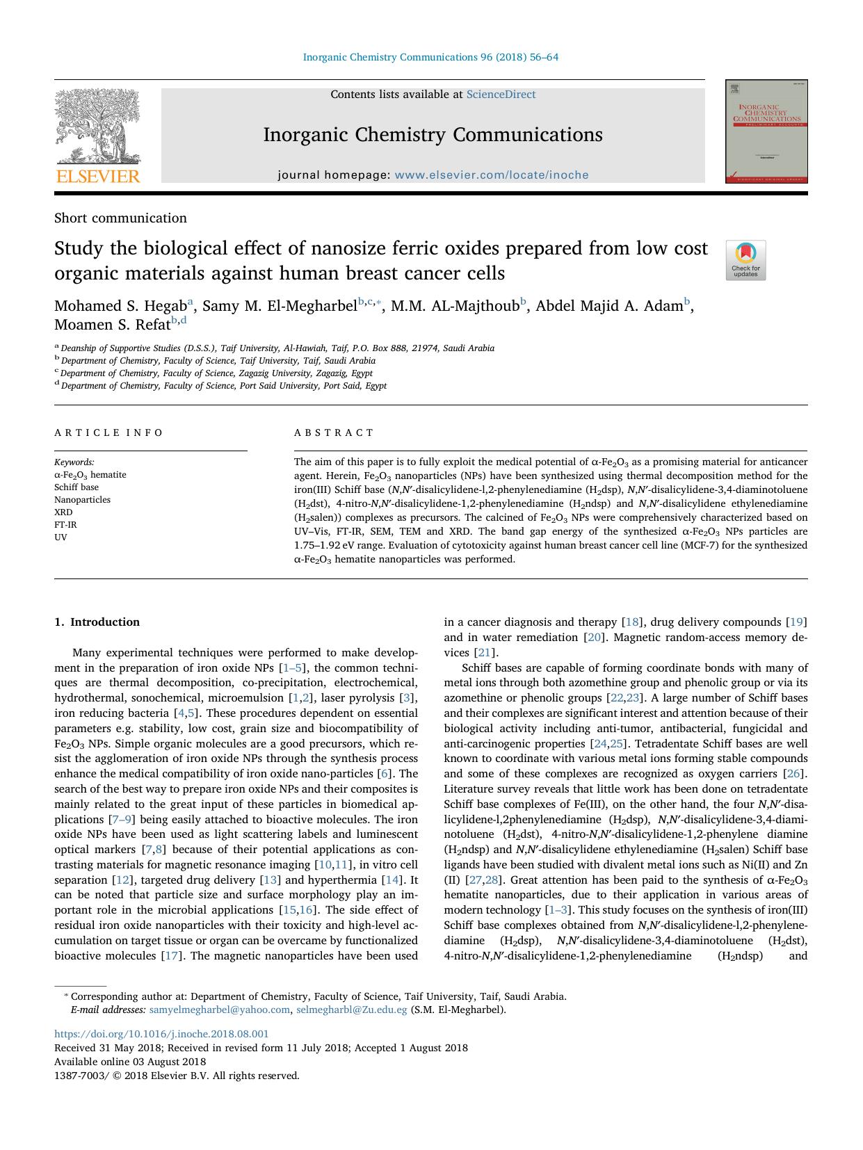 Study the biological effect of nanosize ferric oxides prepared from low cost organic materials against human breast cancer cells by Mohamed S. Hegab & Samy M. El-Megharbel & M.M. AL-Majthoub & Abdel Majid A. Adam & Moamen S. Refat