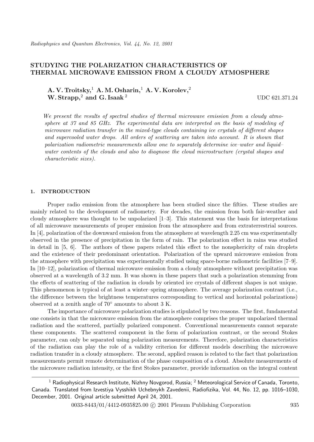Studying the Polarization Characteristics of Thermal Microwave Emission from a Cloudy Atmosphere by Unknown
