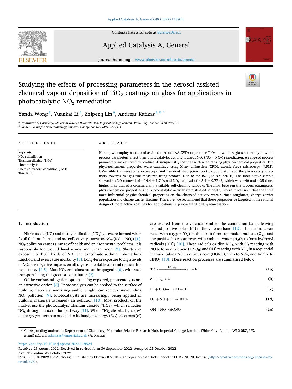 Studying the effects of processing parameters in the aerosol-assisted chemical vapour deposition of TiO2 coatings on glass for applications in photocatalytic NOx remediation by Yanda Wong & Yuankai Li & Zhipeng Lin & Andreas Kafizas