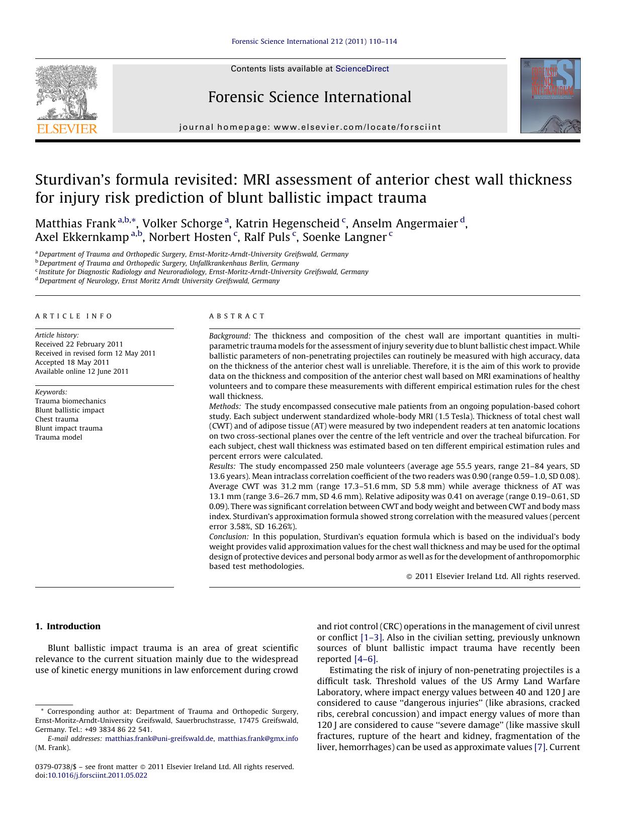 Sturdivan's formula revisited: MRI assessment of anterior chest wall thickness for injury risk prediction of blunt ballistic impact trauma by Matthias Frank