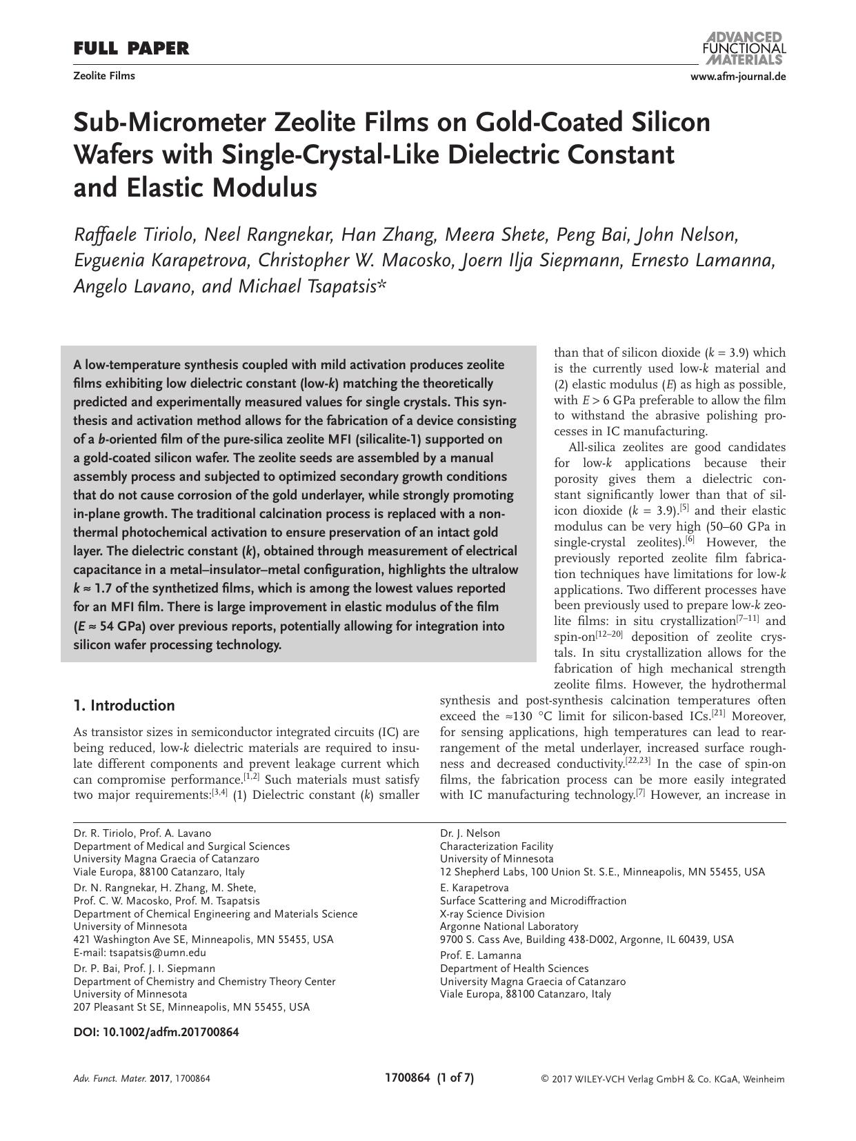 Sub‐Micrometer Zeolite Films on Gold‐Coated Silicon Wafers with Single‐Crystal‐Like Dielectric Constant and Elastic Modulus by Unknown