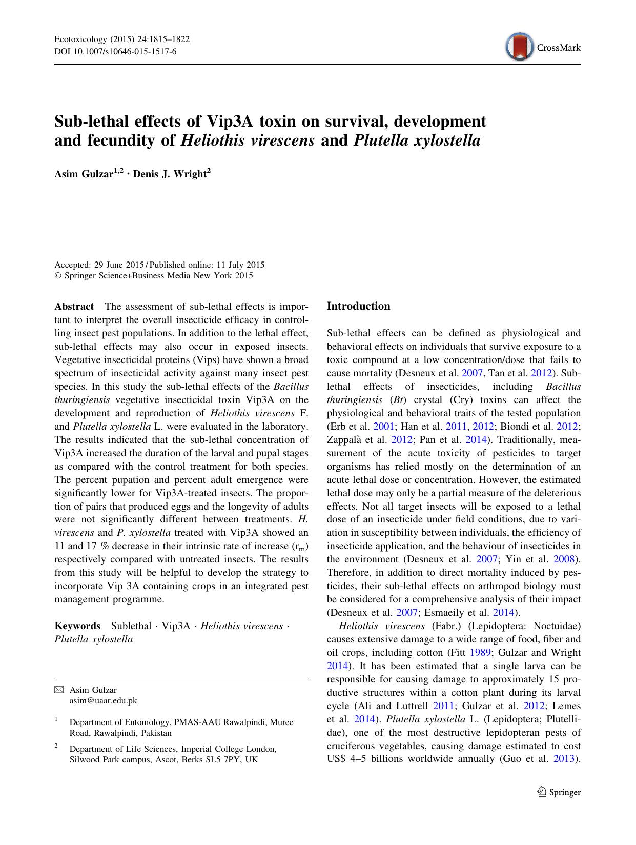 Sub-lethal effects of Vip3A toxin on survival, development and fecundity of Heliothis virescens and Plutella xylostella by Asim Gulzar & Denis J. Wright