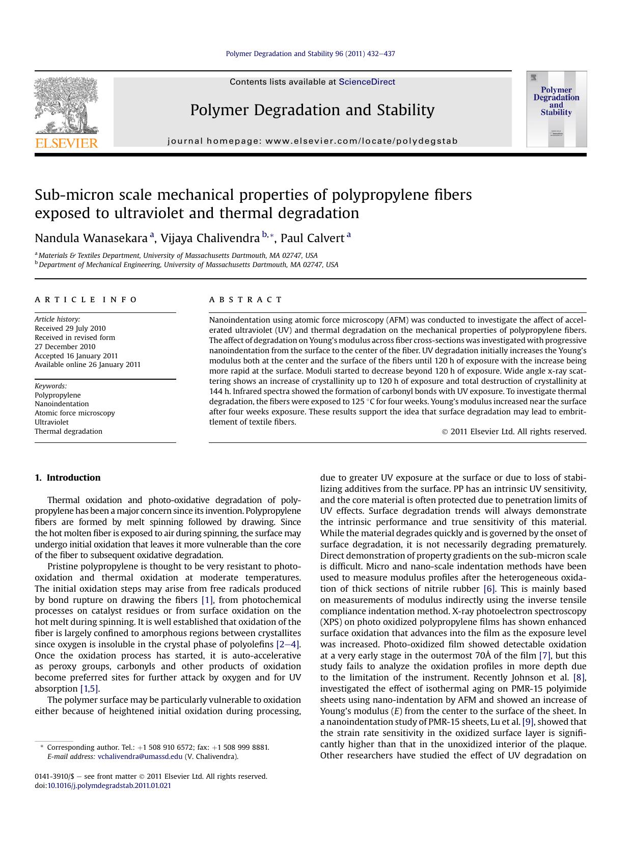 Sub-micron scale mechanical properties of polypropylene fibers exposed to ultraviolet and thermal degradation by Nandula Wanasekara & Vijaya Chalivendra & Paul Calvert