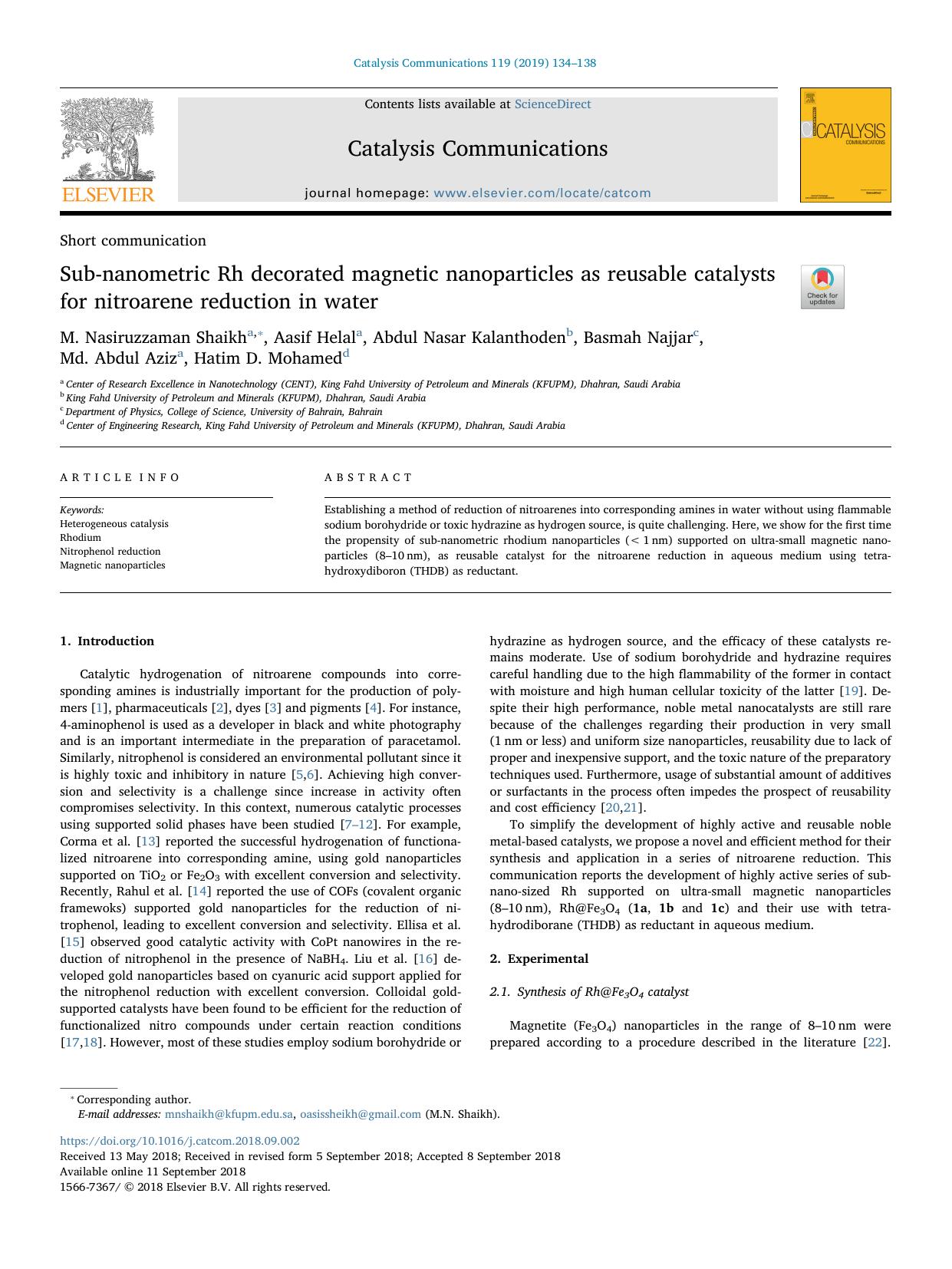 Sub-nanometric Rh decorated magnetic nanoparticles as reusable catalysts for nitroarene reduction in water by unknow