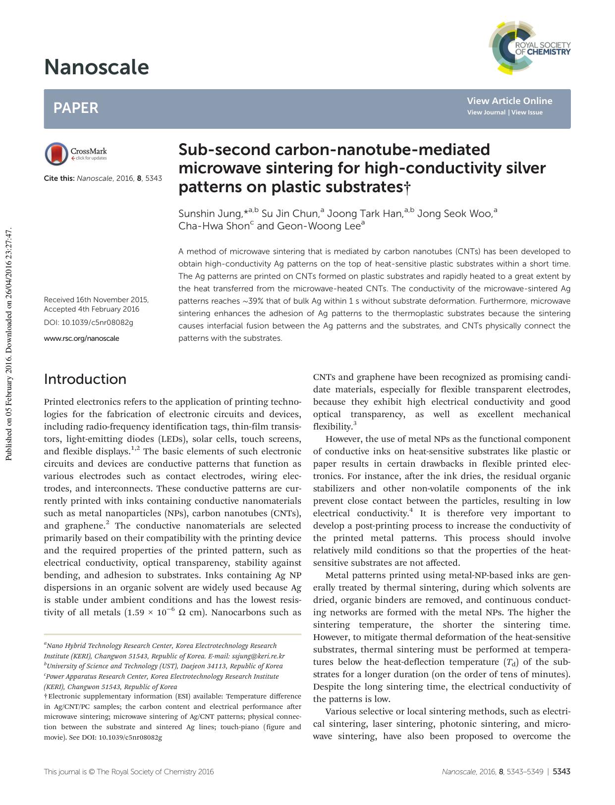 Sub-second carbon-nanotube-mediated microwave sintering for high-conductivity silver patterns on plastic substrates by Sunshin Jung Su Jin Chun Joong Tark Han Jong Seok Woo Cha-Hwa Shon Geon-Woong Lee