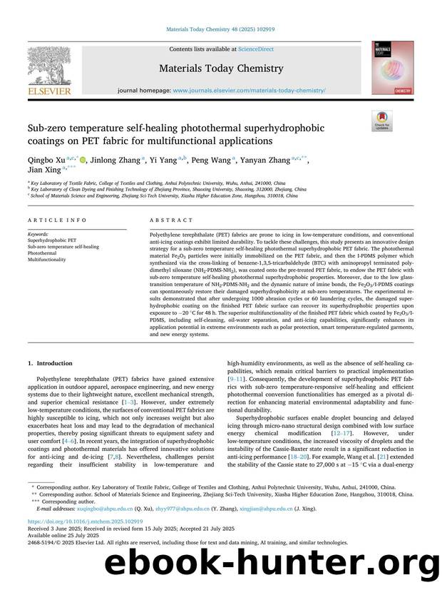 Sub-zero temperature self-healing photothermal superhydrophobic coatings on PET fabric for multifunctional applications by Qingbo Xu & Jinlong Zhang & Yi Yang & Peng Wang & Yanyan Zhang & Jian Xing