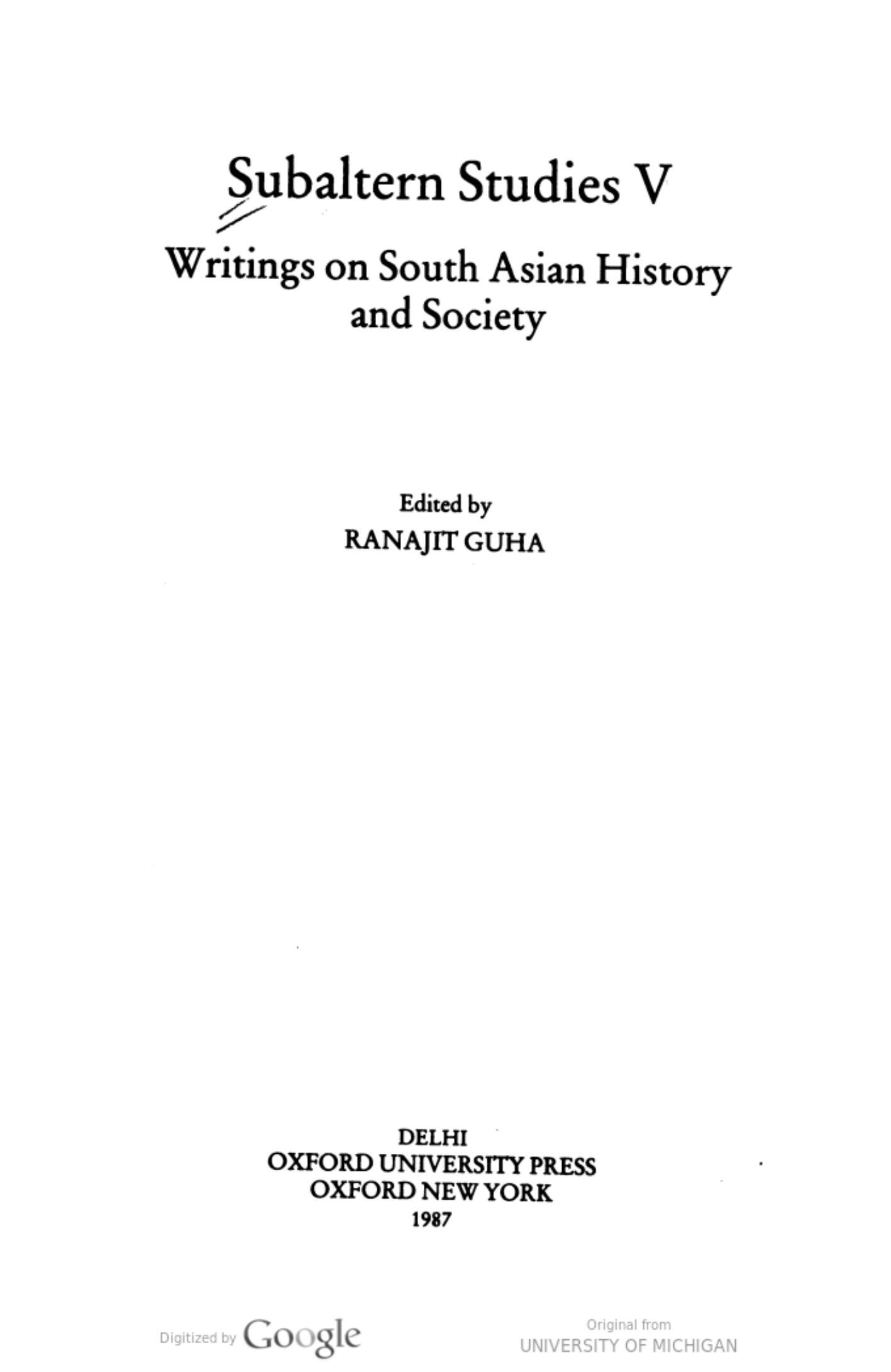 Subaltern Studies V: Writings on South Asian History and Society by Ranajit Guha (editor)