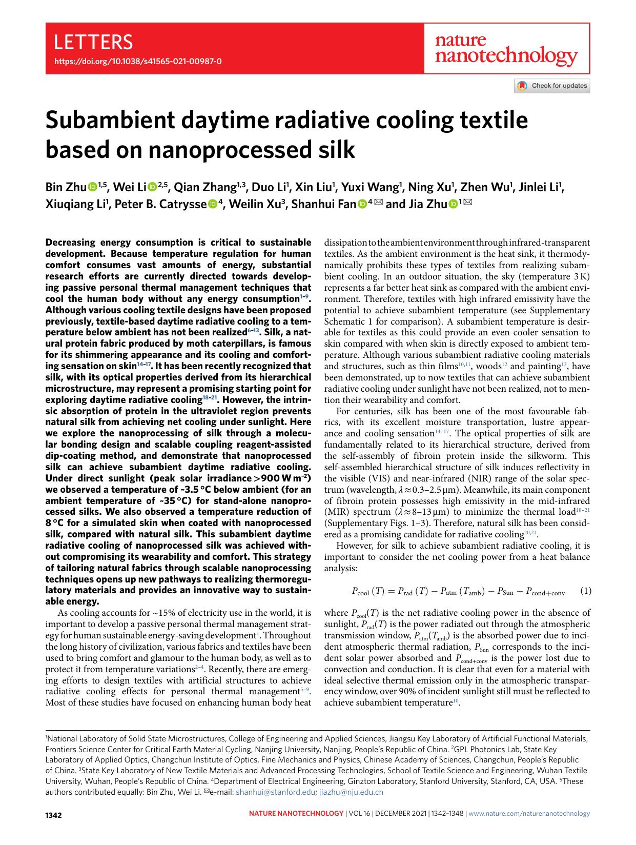 Subambient daytime radiative cooling textile based on nanoprocessed silk by unknow
