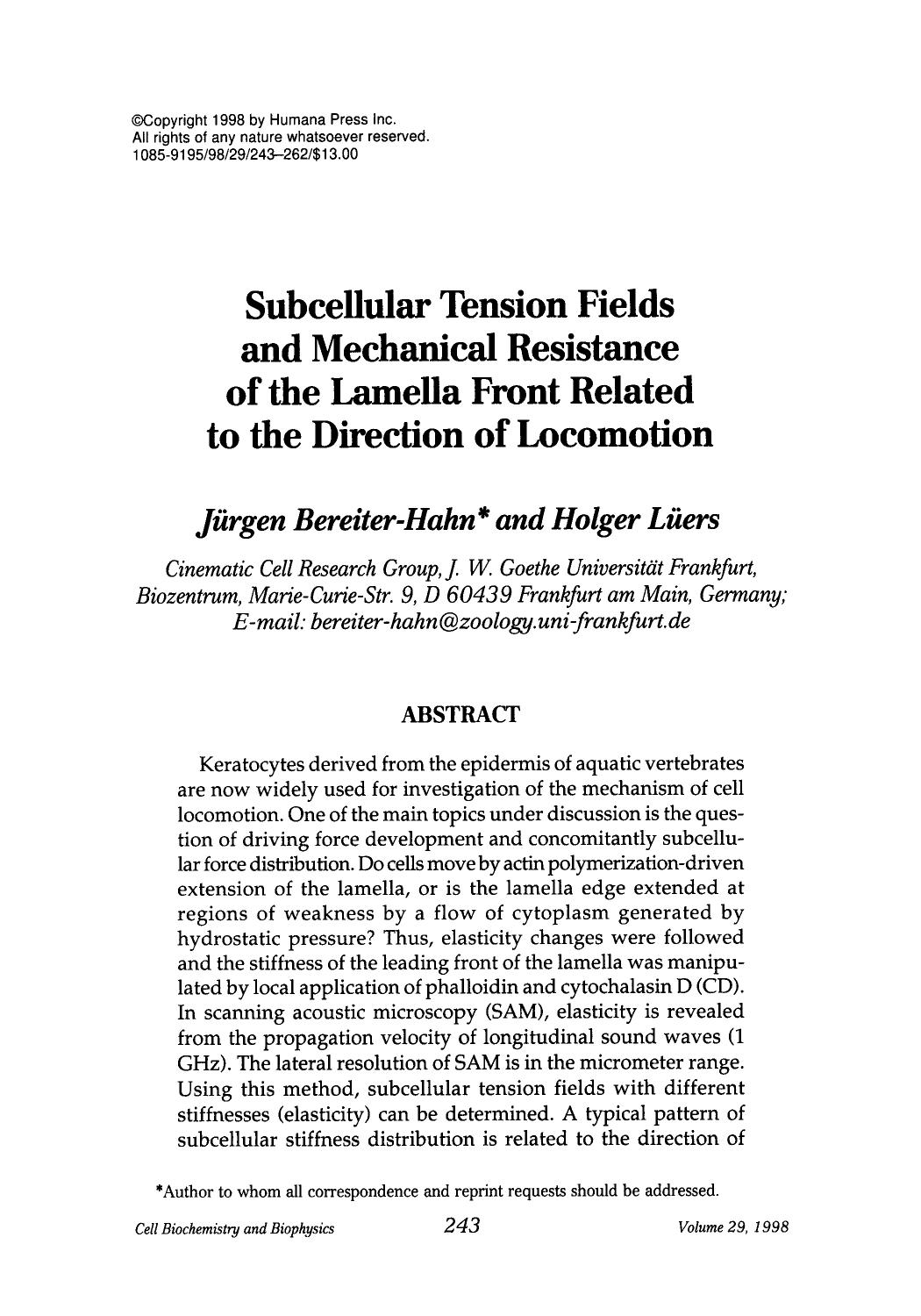 Subcellular tension fields and mechanical resistance of the lamella front related to the direction of locomotion by Unknown