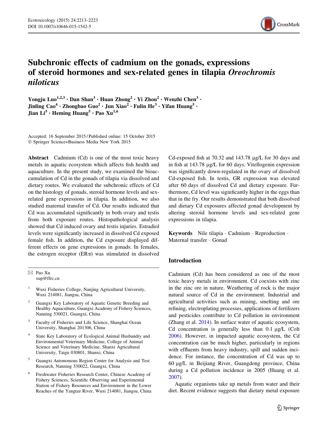 Subchronic effects of cadmium on the gonads, expressions of steroid hormones and sex-related genes in tilapia Oreochromis niloticus by unknow