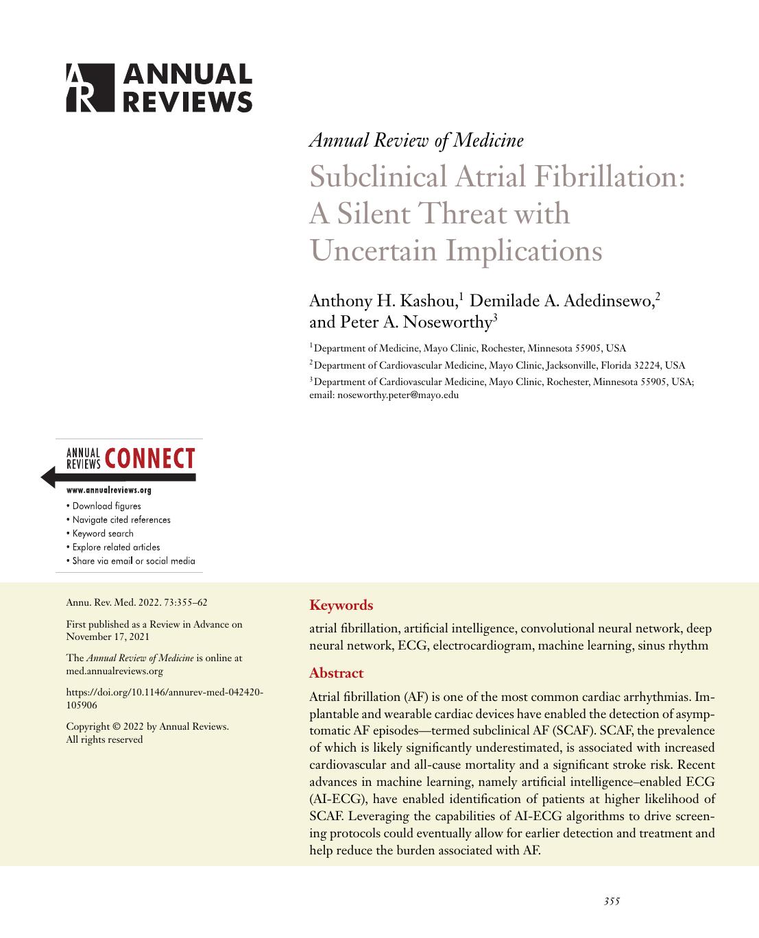 Subclinical Atrial Fibrillation: A Silent Threat with Uncertain Implications by Anthony H. Kashou Demilade A. Adedinsewo Peter A. Noseworthy