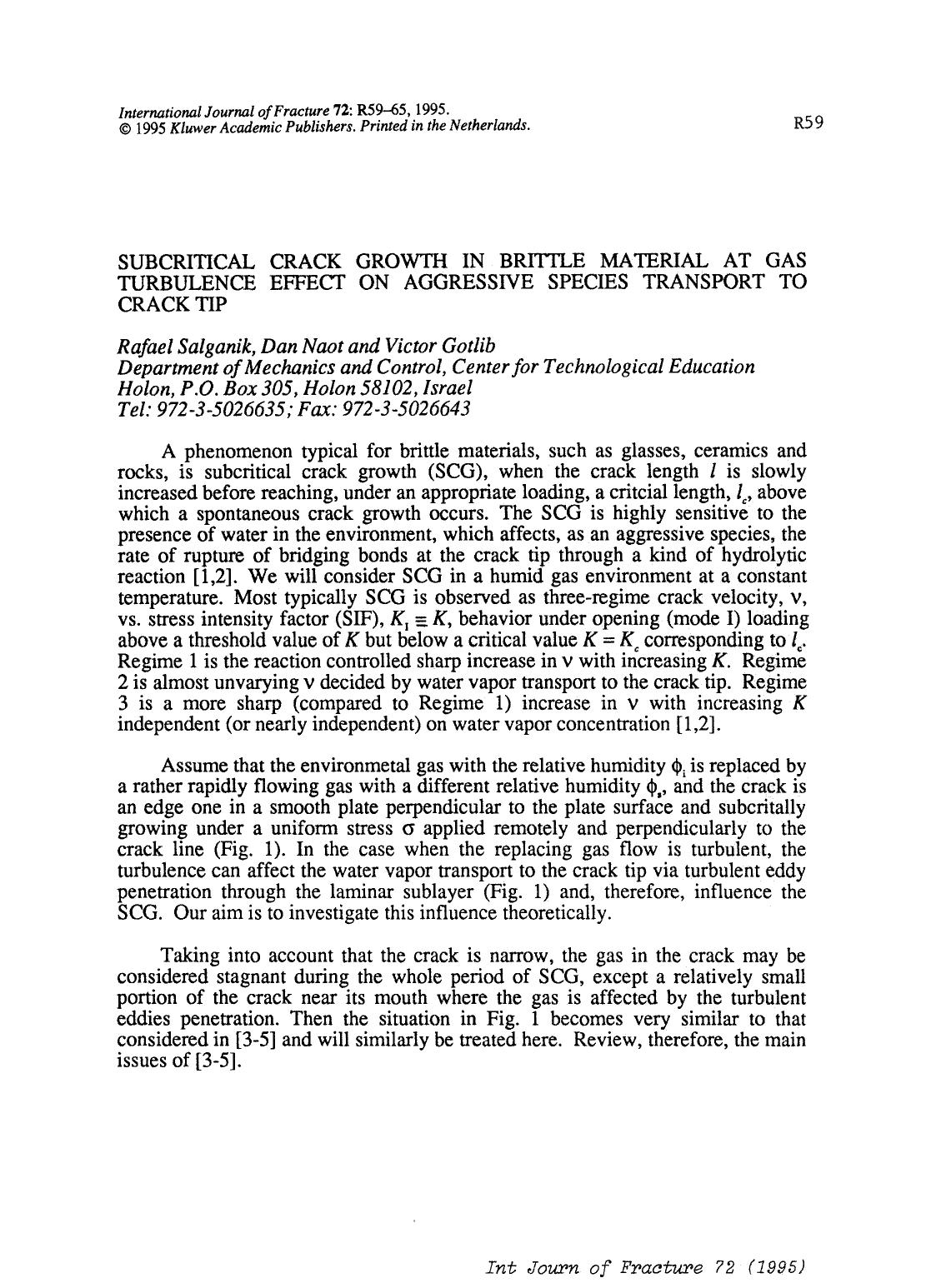 Subcritical crack growth in brittle material at gas turbulence effect on aggressive species transport to crack tip by Unknown
