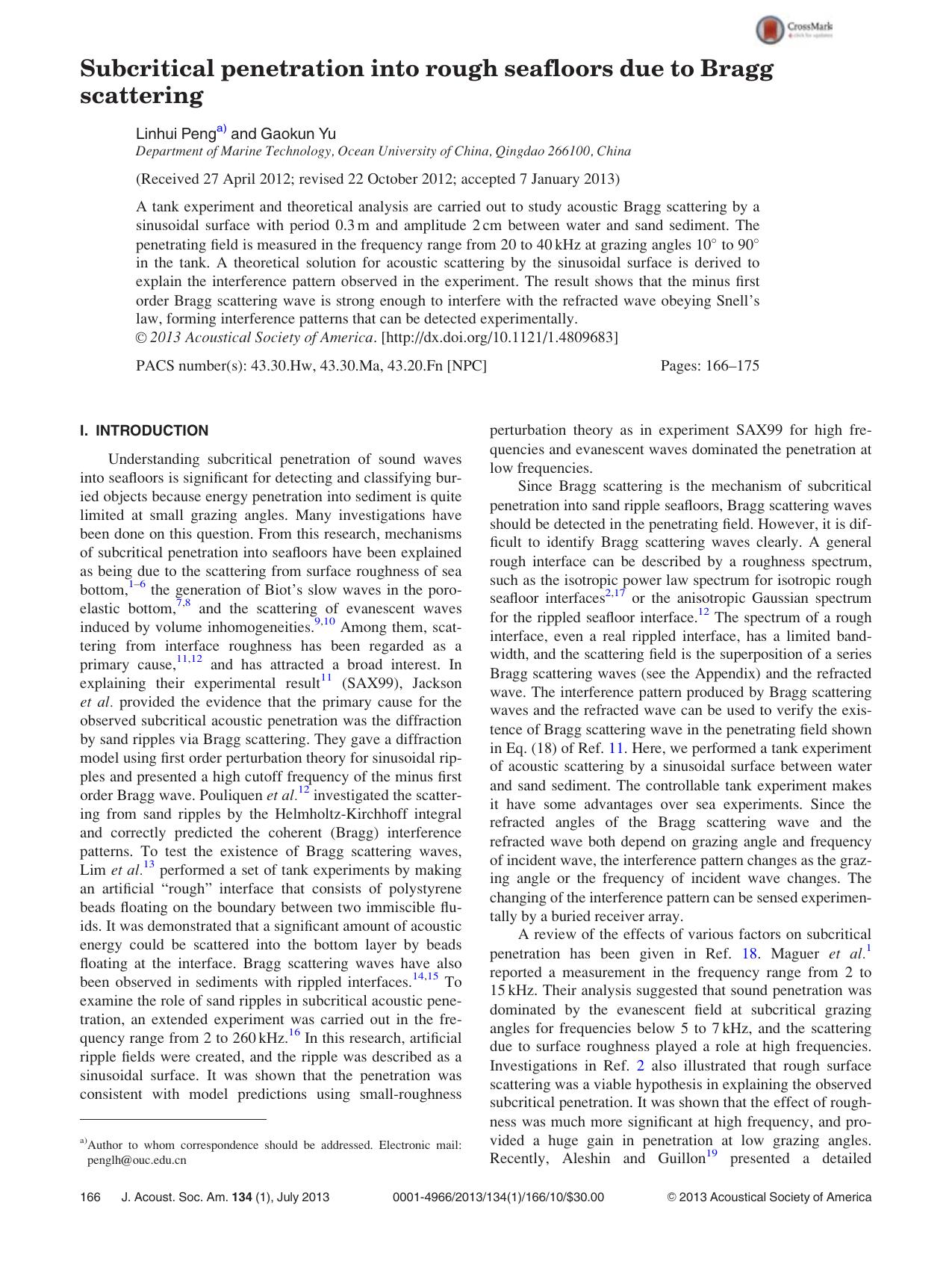 Subcritical penetration into rough seafloors due to Bragg scattering by Linhui Penga) and Gaokun Yu