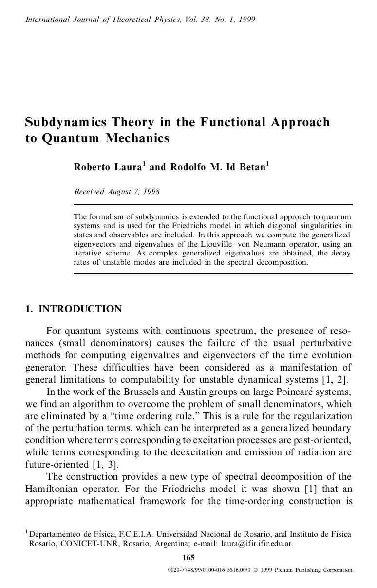 Subdynamics Theory in the Functional Approach to Quantum Mechanics by Unknown