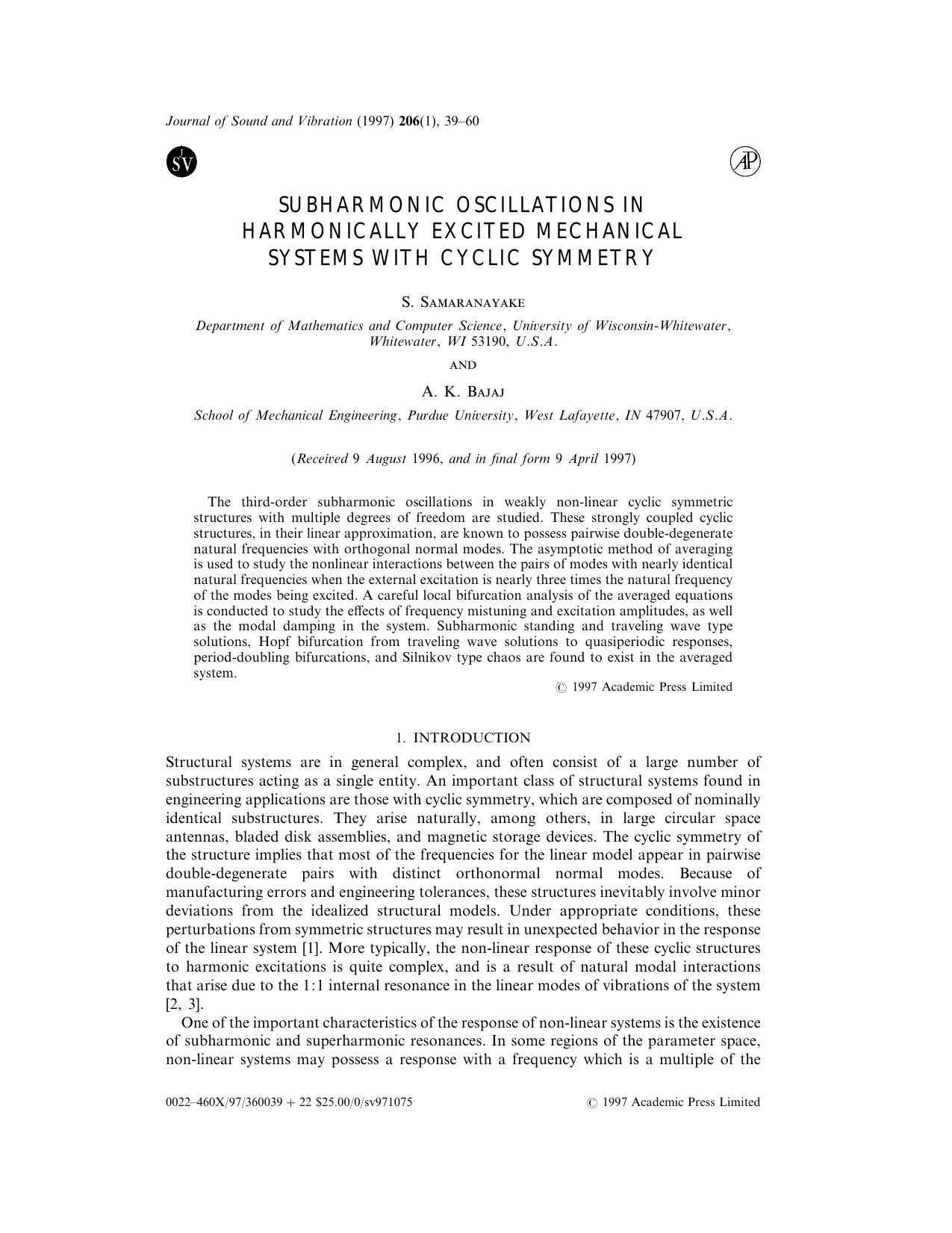 Subharmonic Oscillations in Harmonically Excited Mechanical Systems with Cyclic Symmetry by Samaranayake S