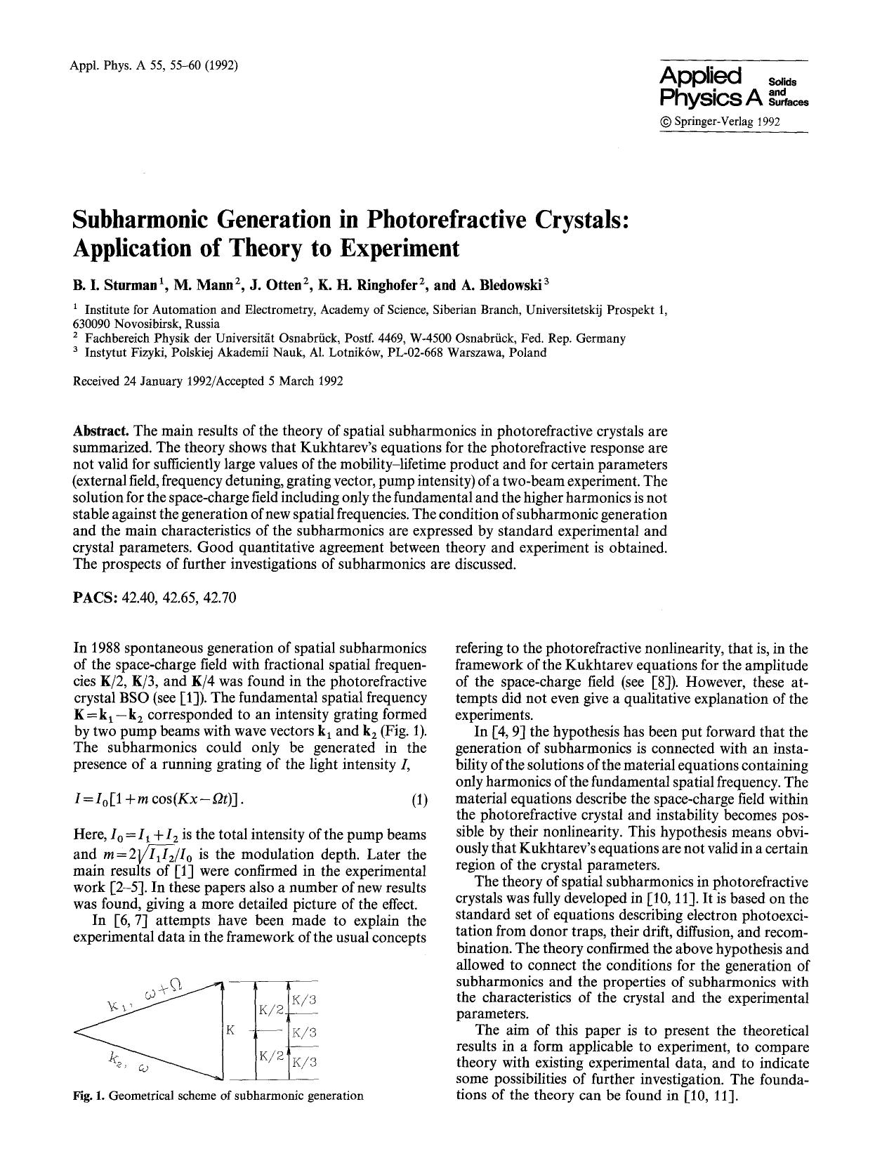 Subharmonic generation in photorefractive crystals: Application of theory to experiment by Unknown