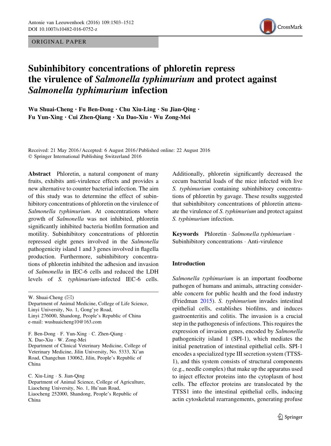 Subinhibitory concentrations of phloretin repress the virulence of Salmonella typhimurium and protect against Salmonella typhimurium infection by unknow