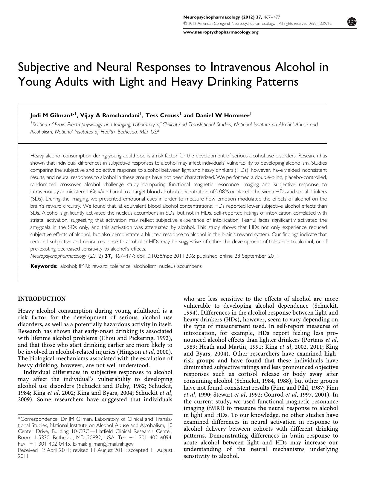 Subjective and Neural Responses to Intravenous Alcohol in Young Adults with Light and Heavy Drinking Patterns by Jodi M Gilman & Vijay A Ramchandani & Tess Crouss & Daniel W Hommer &