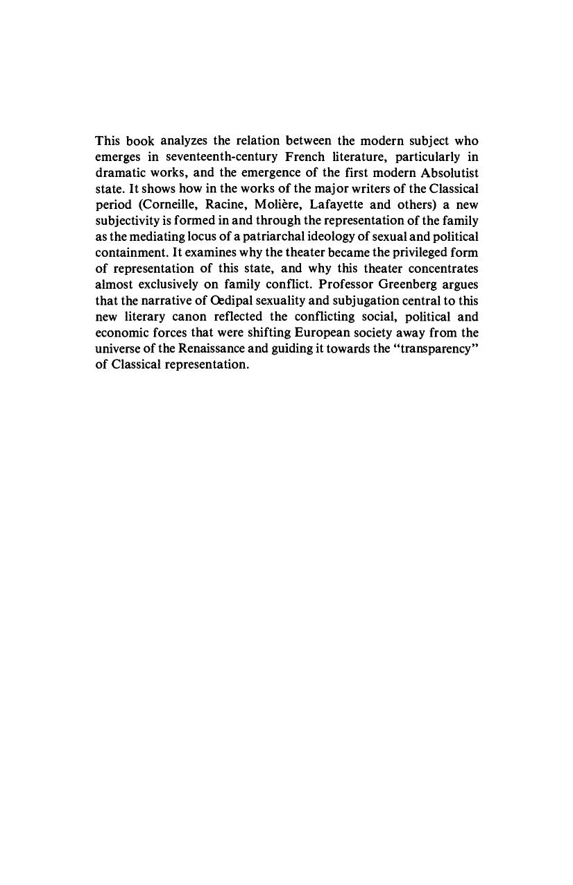 Subjectivity and Subjugation in Seventeenth-Century Drama and Prose: The Family Romance of French Classicism by Mitchell Greenberg
