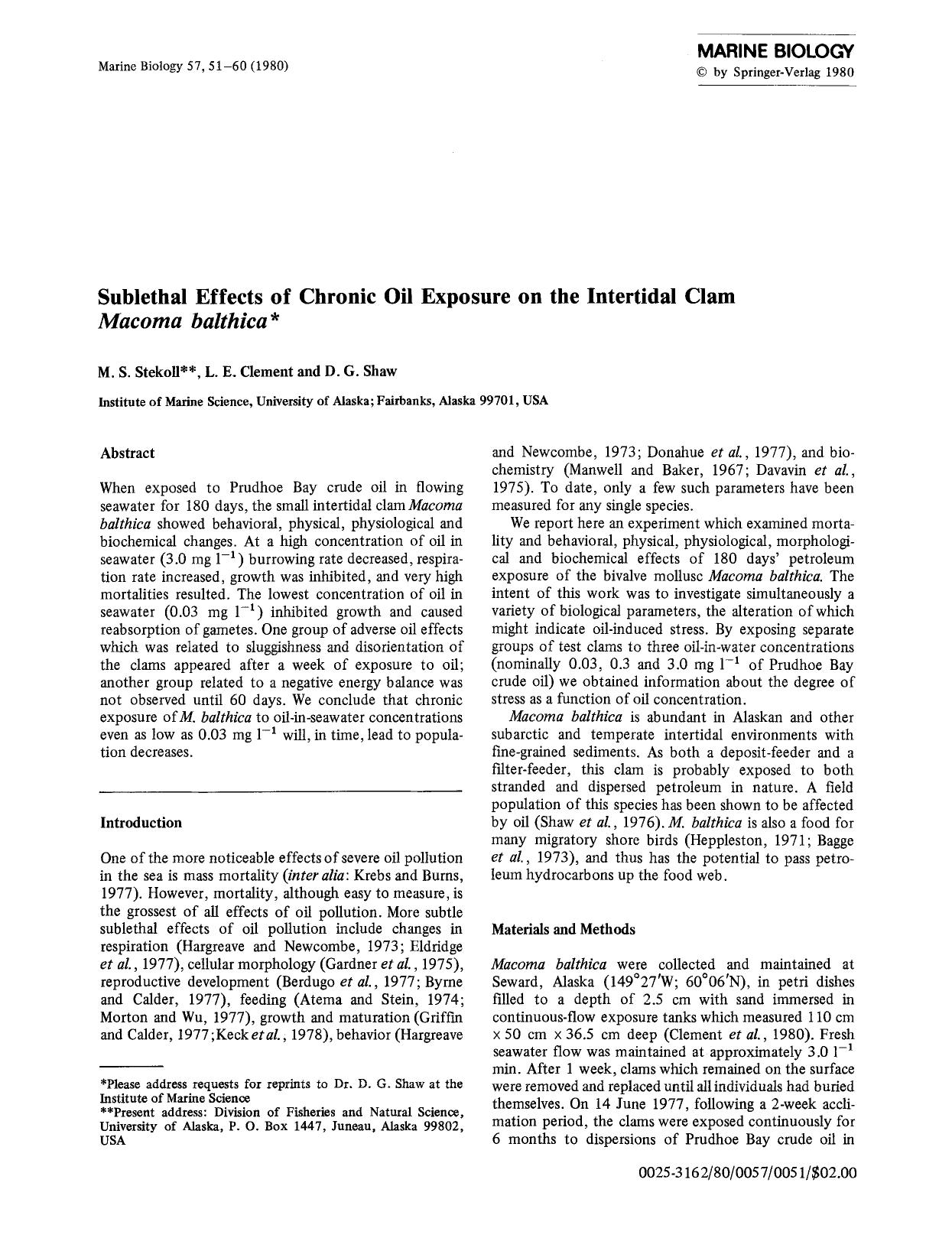 Sublethal effects of chronic oil exposure on the intertidal clam <Emphasis Type="Italic">Macoma balthica<Emphasis> by Unknown
