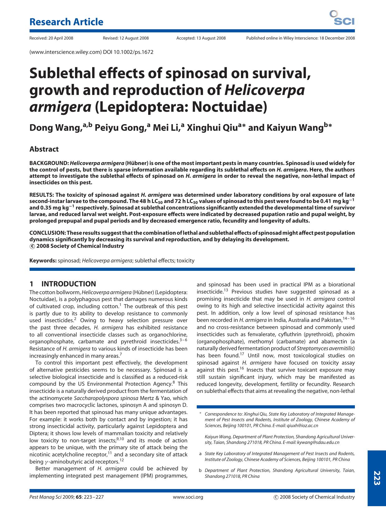 Sublethal effects of spinosad on survival, growth and reproduction of Helicoverpa armigera (Lepidoptera: Noctuidae) by Unknown