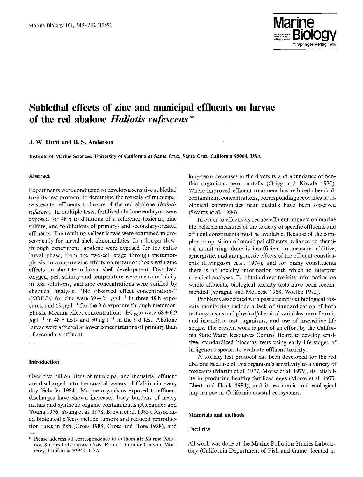 Sublethal effects of zinc and municipal effluents on larvae of the red abalone <Emphasis Type="Italic">Haliotis rufescens<Emphasis> by Unknown
