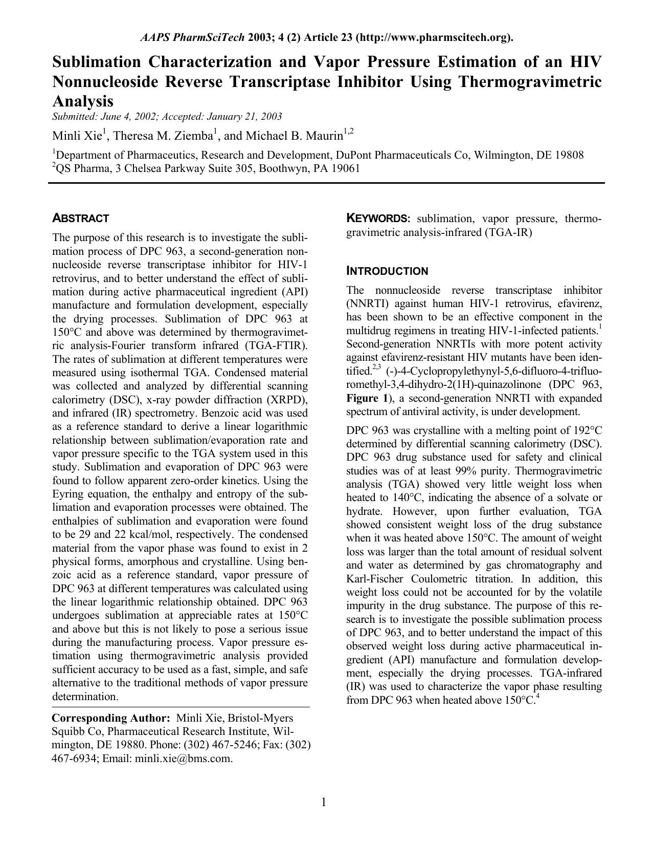 Sublimation characterization and vapor pressure estimation of an HIV nonnucleoside reverse transcriptase inhibitor using thermogravimetric analysis by Unknown