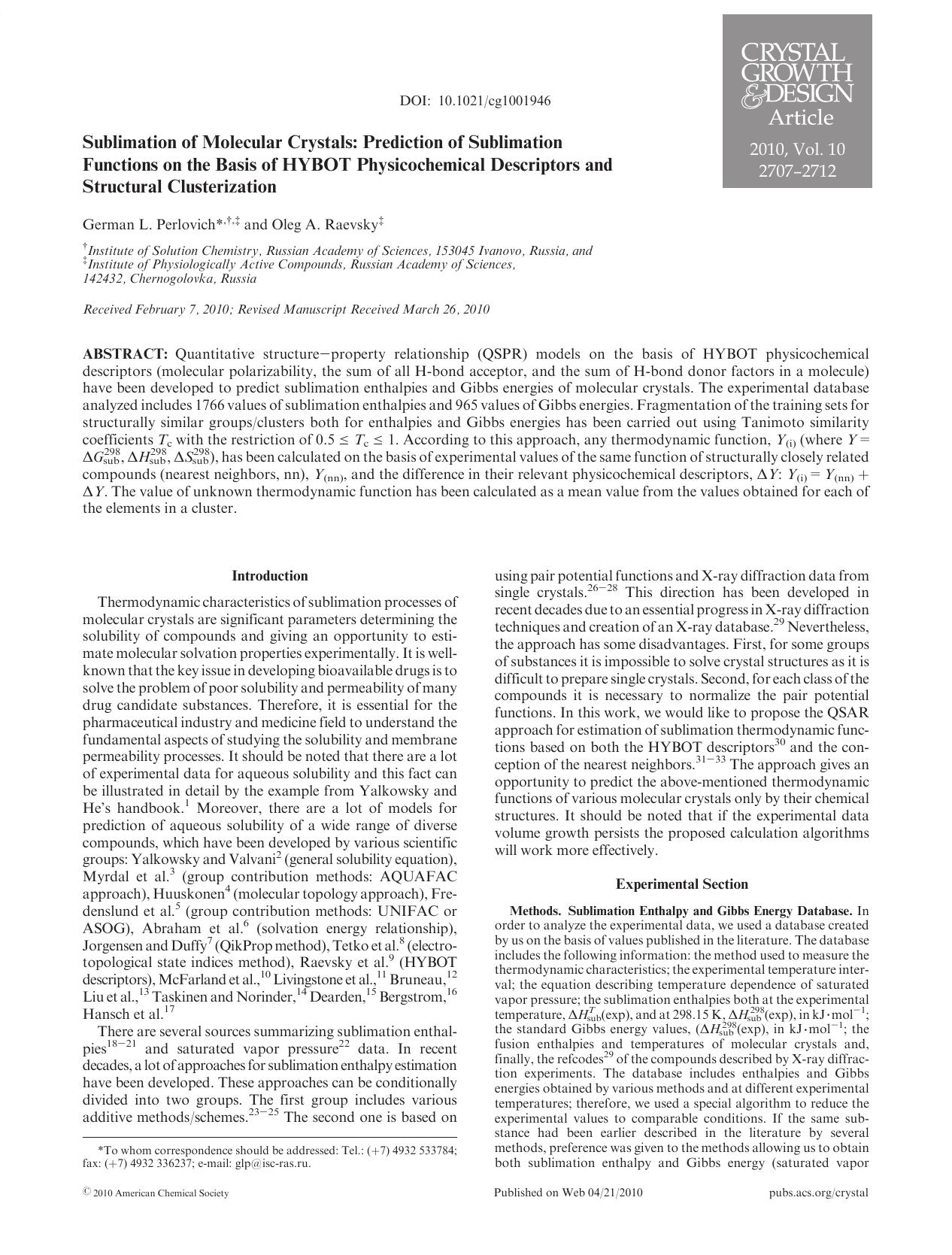 Sublimation of Molecular Crystals: Prediction of Sublimation Functions on the Basis of HYBOT Physicochemical Descriptors and Structural Clusterization by Unknown