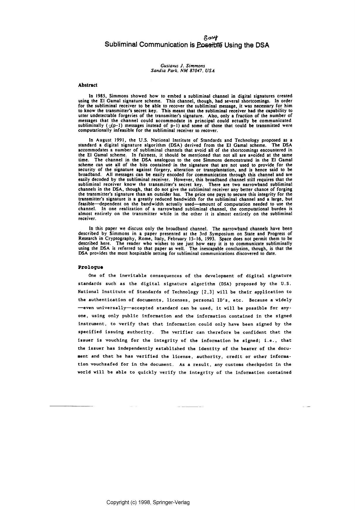 Subliminal communication is easy using the DSA by Simmons G. J