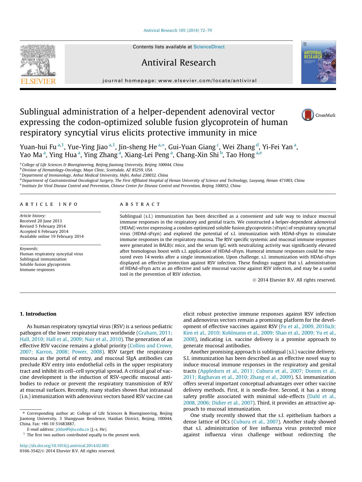Sublingual administration of a helper-dependent adenoviral vector expressing the codon-optimized soluble fusion glycoprotein of human respiratory syncytial virus elicits protective immunity in mice by unknow
