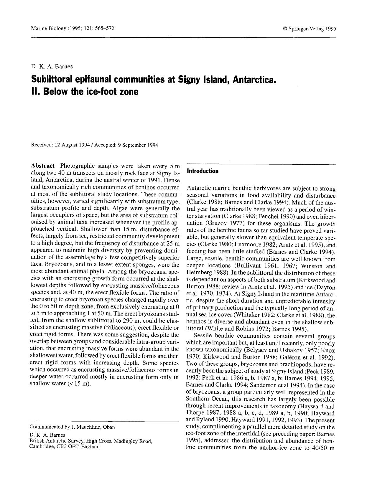 Sublittoral epifaunal communities at Signy Island, Antarctica. II. Below the ice-foot zone by Unknown