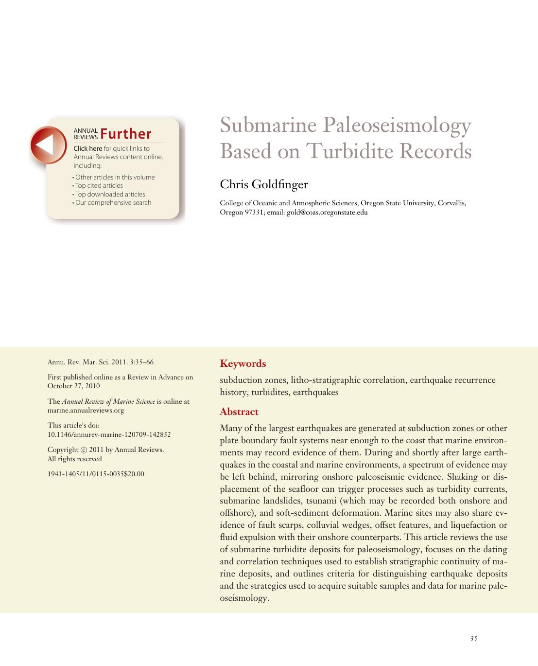 Submarine Paleoseismology Based on Turbidite Records by Chris Goldfinger