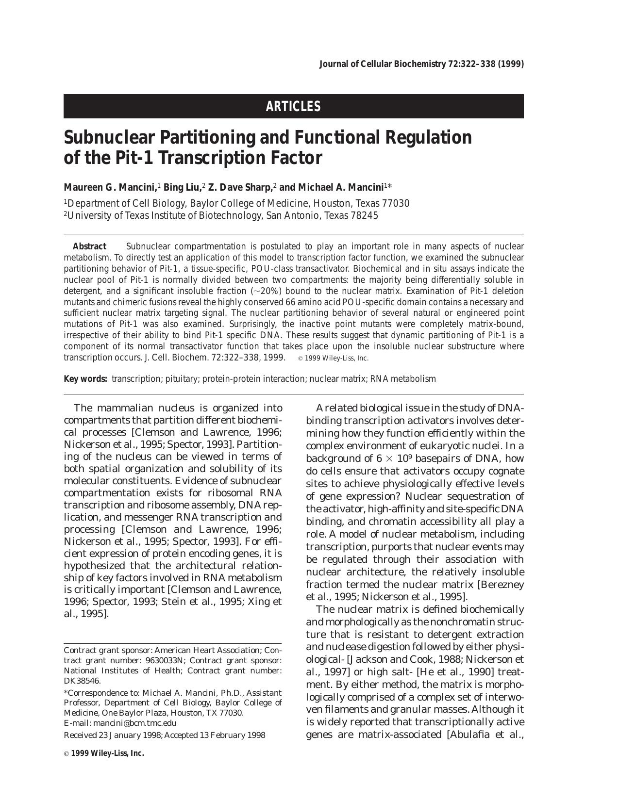 Subnuclear partitioning and functional regulation of the Pit-1 transcription factor by Unknown