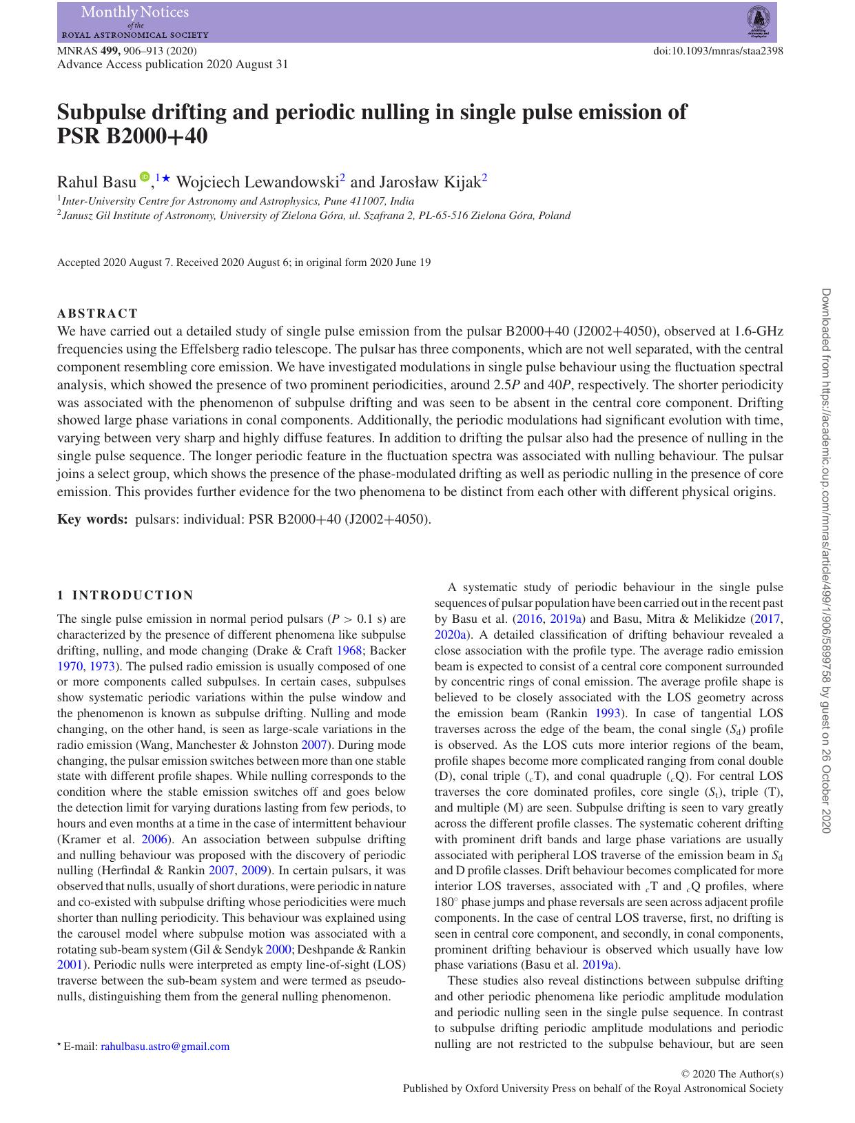 Subpulse drifting and periodic nulling in single pulse emission of PSR B2000+40 by Rahul Basu & Wojciech Lewandowski & Jarosław Kijak