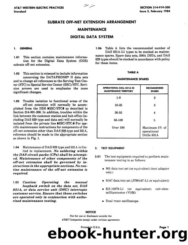 Subrate Off-Net Extension Arrangement Maintenance Digital Data System by AT&&T |