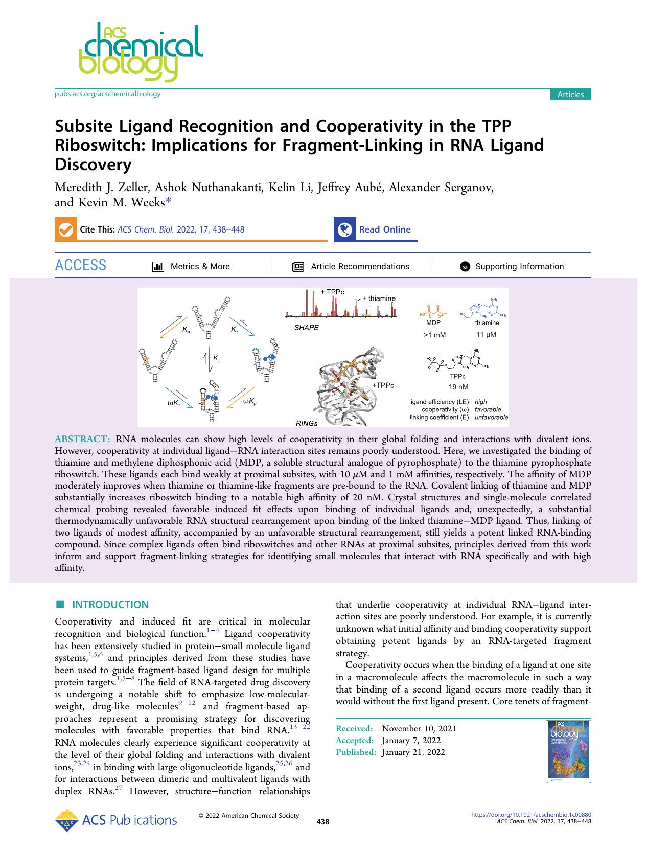 Subsite Ligand Recognition and Cooperativity in the TPP Riboswitch: Implications for Fragment-Linking in RNA Ligand Discovery by unknow