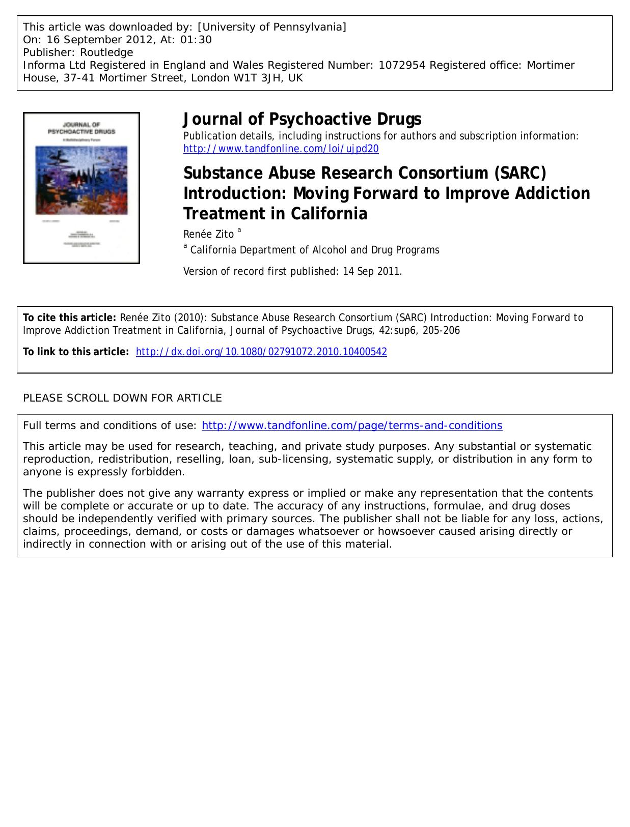 Substance Abuse Research Consortium (SARC) Introduction: Moving Forward to Improve Addiction Treatment in California by Renée Zito a