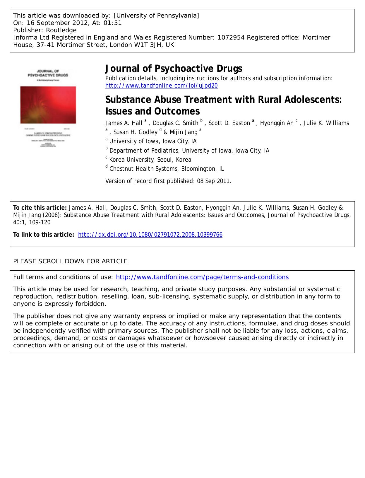 Substance Abuse Treatment with Rural Adolescents: Issues and Outcomes by unknow