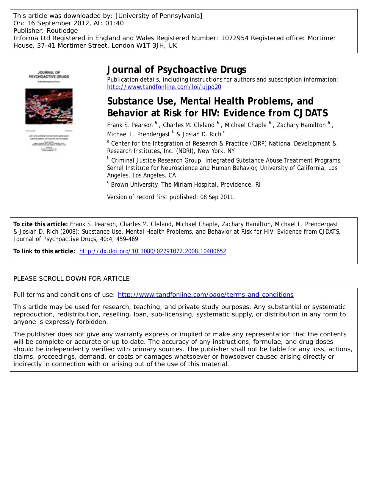 Substance Use, Mental Health Problems, and Behavior at Risk for HIV: Evidence from CJDATS by unknow