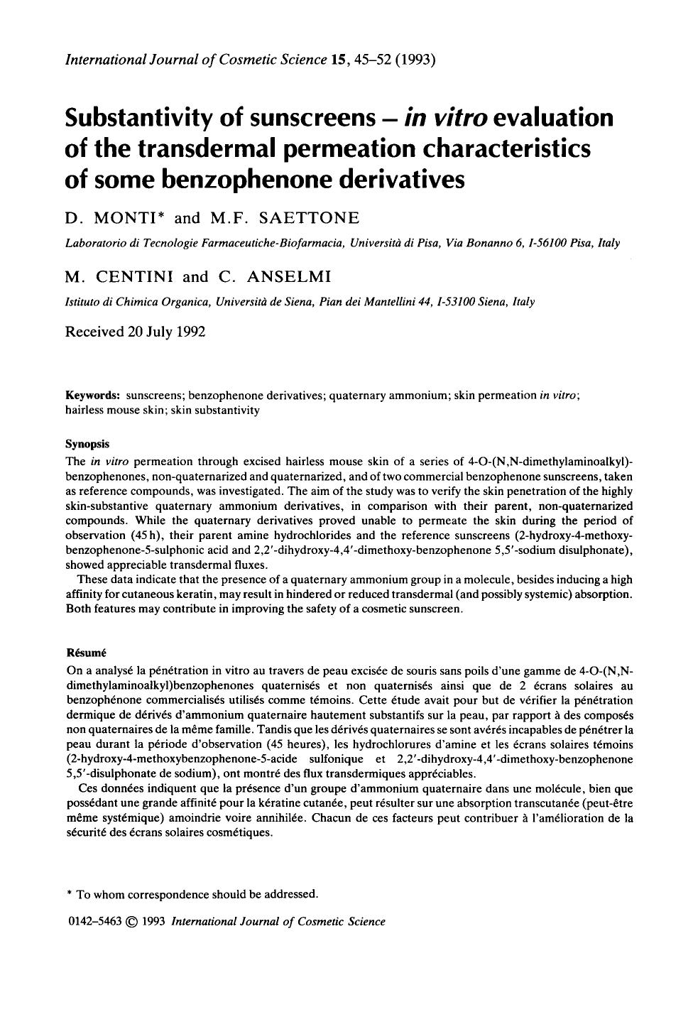 Substantivity of sunscreens âin vitro evaluation of the transdermal permeation characteristics of some benzophenone derivatives by Unknown