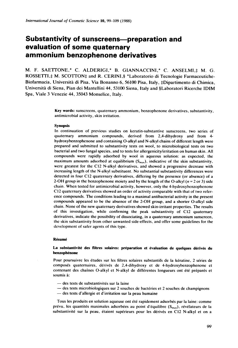 Substantivity of sunscreensâpreparation and evaluation of some quaternary ammonium benzophenone derivatives by Unknown