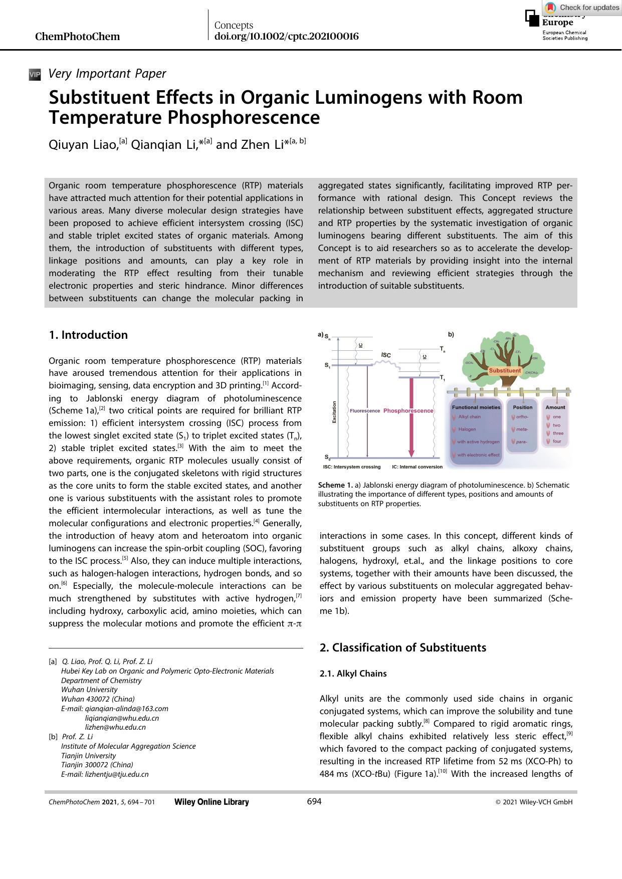Substituent Effects in Organic Luminogens with Room Temperature Phosphorescence by Unknown
